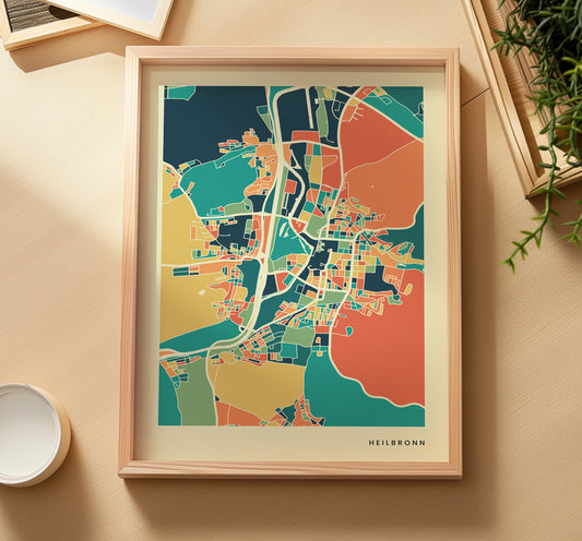 Heilbronn Colorful Retro Map Poster Print