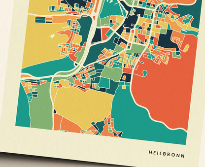 Heilbronn Colorful Retro Map Poster Print