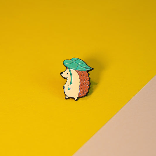 Cute Hedgehog Enamel Pin with Leaf Umbrella - Adorable Forest Animal Pin for Backpacks, Jackets, and Accessories