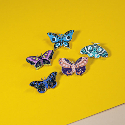 Astrology-Inspired Butterfly Pin Brooches - Single or Set of 5 - Celestial and Starry Designs