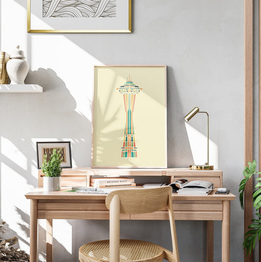 Space Needle Abstract Art Print - Seattle Landmark Illustration, Colorful Architectural Home Decor